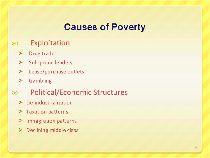 Causes of Poverty Exploitation Ø Drug trade Ø Sub-prime lenders Ø Lease/purchase outlets Ø