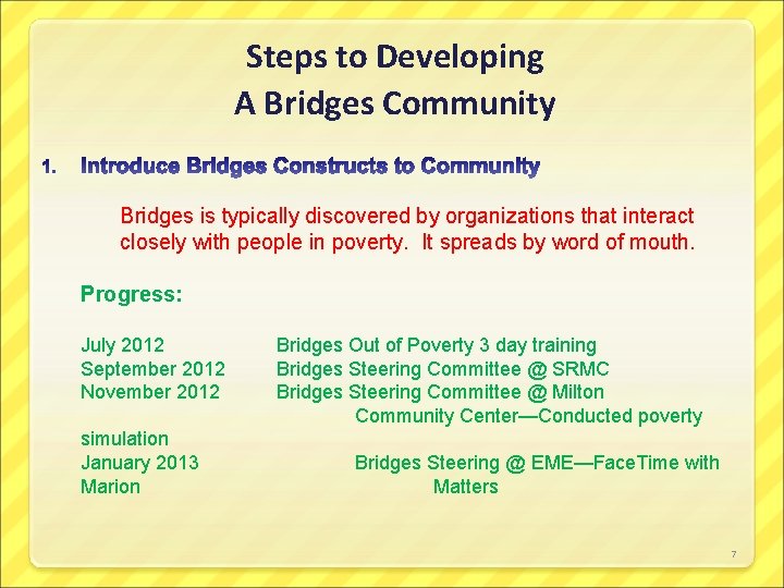 Steps to Developing A Bridges Community Bridges is typically discovered by organizations that interact