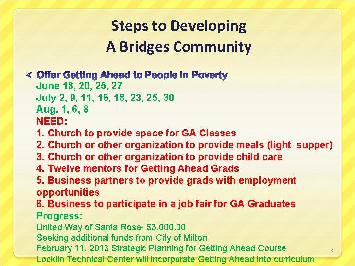 Steps to Developing A Bridges Community June 18, 20, 25, 27 July 2, 9,