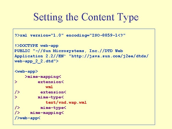 Setting the Content Type ? >xml version="1. 0" encoding="ISO-8859 -1<? " !>DOCTYPE web-app PUBLIC