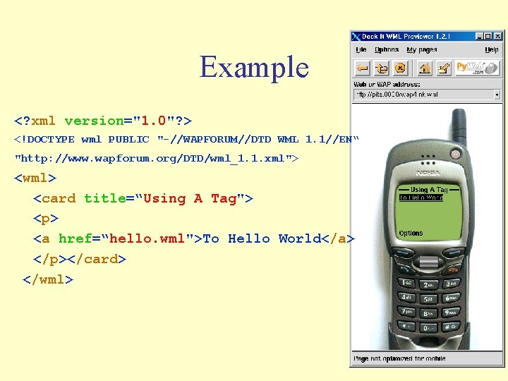 Example <? xml version="1. 0"? > <!DOCTYPE wml PUBLIC "-//WAPFORUM//DTD WML 1. 1//EN“ "http: