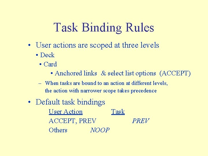 Task Binding Rules • User actions are scoped at three levels • Deck •