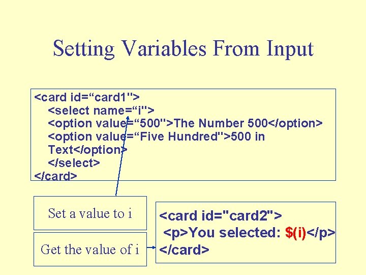 Setting Variables From Input <card id=“card 1"> <select name=“i"> <option value=“ 500">The Number 500</option>