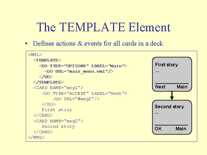 The TEMPLATE Element • Defines actions & events for all cards in a deck