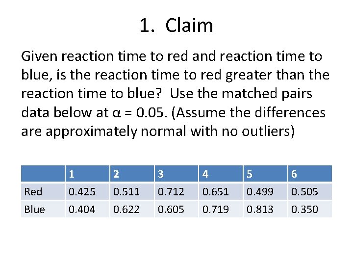 1. Claim Given reaction time to red and reaction time to blue, is the