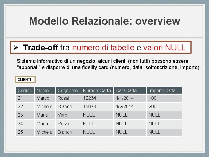 Modello Relazionale: overview Ø Trade-off tra numero di tabelle e valori NULL. Sistema informativo