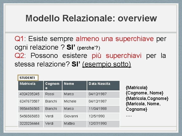 Modello Relazionale: overview Q 1: Esiste sempre almeno una superchiave per ogni relazione ?