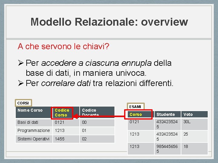 Modello Relazionale: overview A che servono le chiavi? Ø Per accedere a ciascuna ennupla