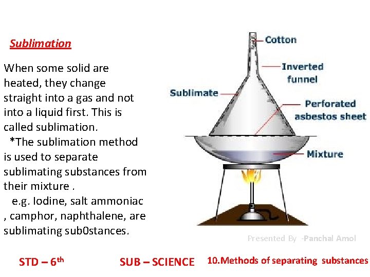 Sublimation When some solid are heated, they change straight into a gas and not