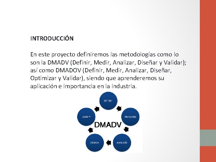 INTRODUCCIÓN En este proyecto definiremos las metodologías como lo son la DMADV (Definir, Medir,
