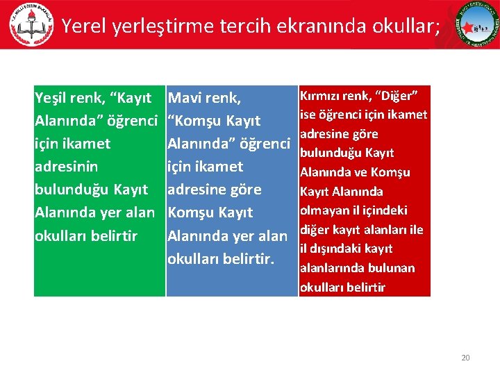 Yerel yerleştirme tercih ekranında okullar; Yeşil renk, “Kayıt Alanında” öğrenci için ikamet adresinin bulunduğu