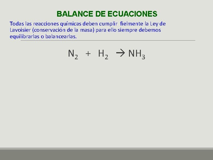 BALANCE DE ECUACIONES Todas las reacciones químicas deben cumplir fielmente la Ley de Lavoisier