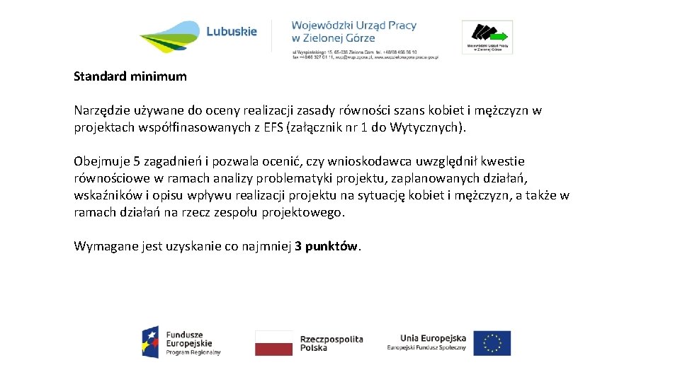 Standard minimum Narzędzie używane do oceny realizacji zasady równości szans kobiet i mężczyzn w