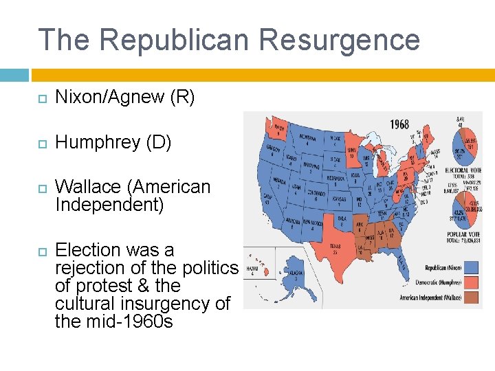 The Republican Resurgence Nixon/Agnew (R) Humphrey (D) Wallace (American Independent) Election was a rejection