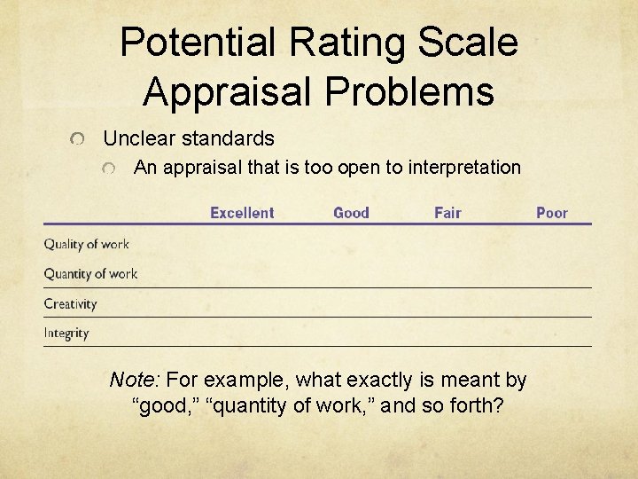 Potential Rating Scale Appraisal Problems Unclear standards An appraisal that is too open to