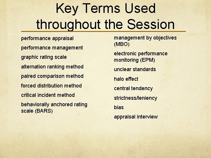 Key Terms Used throughout the Session performance appraisal performance management graphic rating scale alternation