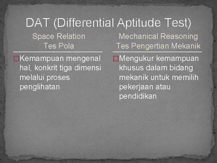 DAT (Differential Aptitude Test) Space Relation Tes Pola Mechanical Reasoning Tes Pengertian Mekanik �Kemampuan