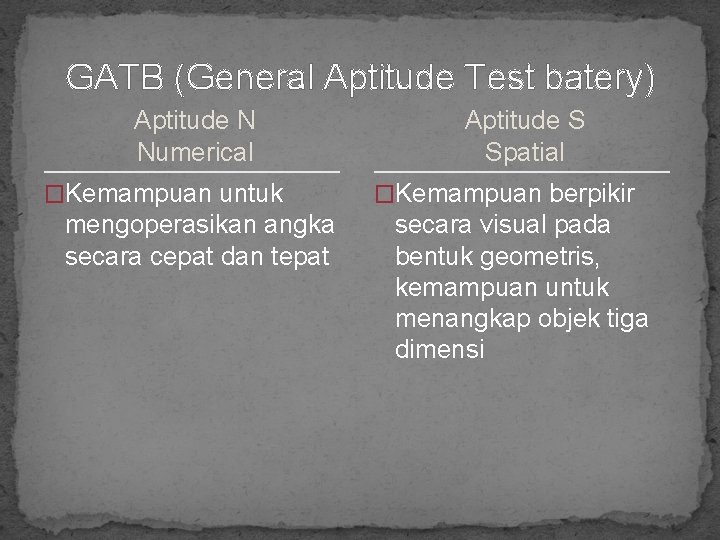 GATB (General Aptitude Test batery) Aptitude N Numerical �Kemampuan untuk mengoperasikan angka secara cepat