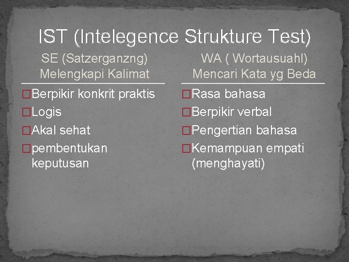 IST (Intelegence Strukture Test) SE (Satzerganzng) Melengkapi Kalimat WA ( Wortausuahl) Mencari Kata yg