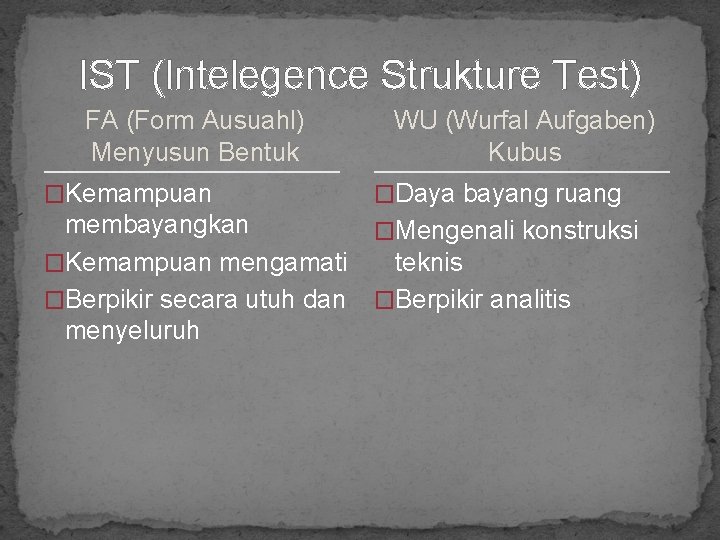 IST (Intelegence Strukture Test) FA (Form Ausuahl) Menyusun Bentuk �Kemampuan WU (Wurfal Aufgaben) Kubus