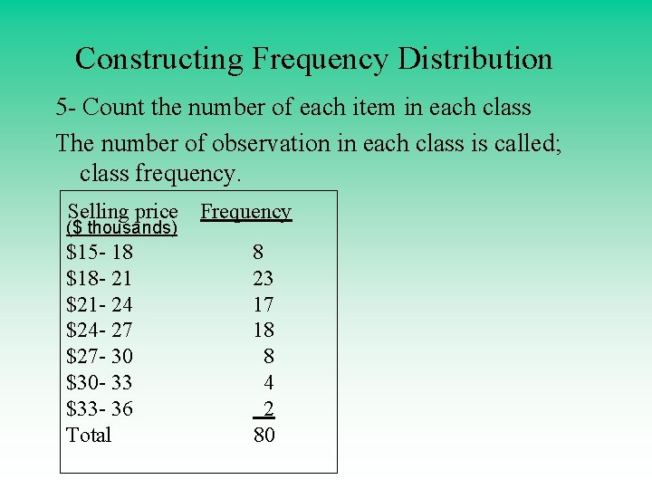 Constructing Frequency Distribution 5 - Count the number of each item in each class Constructing Frequency Distribution 5 - Count the number of each item in each class