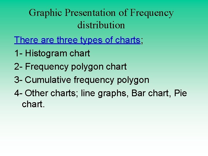 Graphic Presentation of Frequency distribution There are three types of charts; 1 - Histogram Graphic Presentation of Frequency distribution There are three types of charts; 1 - Histogram