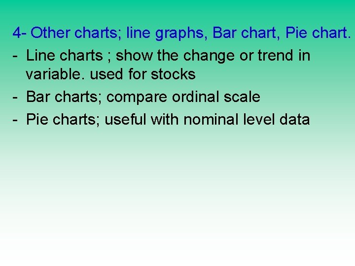 4 - Other charts; line graphs, Bar chart, Pie chart. - Line charts ; 4 - Other charts; line graphs, Bar chart, Pie chart. - Line charts ;
