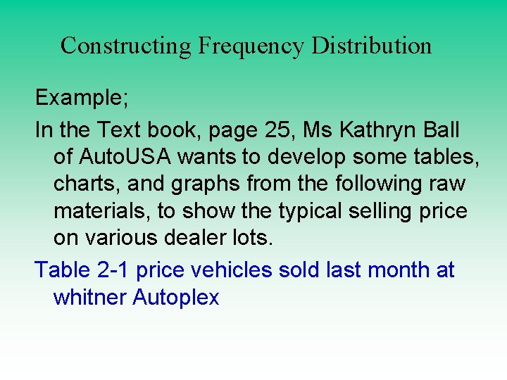 Constructing Frequency Distribution Example; In the Text book, page 25, Ms Kathryn Ball of Constructing Frequency Distribution Example; In the Text book, page 25, Ms Kathryn Ball of