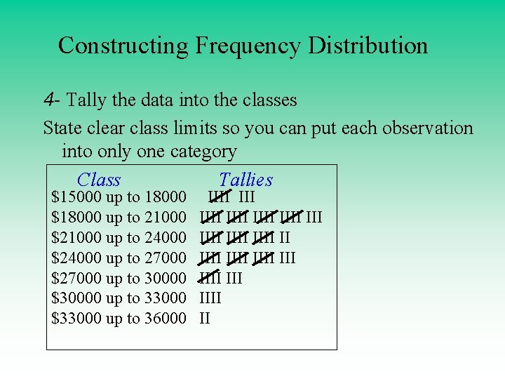 Constructing Frequency Distribution 4 - Tally the data into the classes State clear class Constructing Frequency Distribution 4 - Tally the data into the classes State clear class