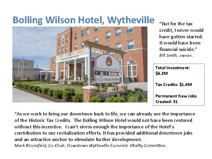 Bolling Wilson Hotel, Wytheville “But for the tax credit, I never would have gotten