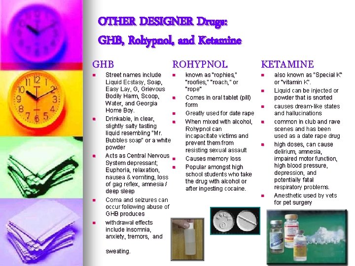 OTHER DESIGNER Drugs: GHB, Rohypnol, and Ketamine GHB n n n ROHYPNOL Street names