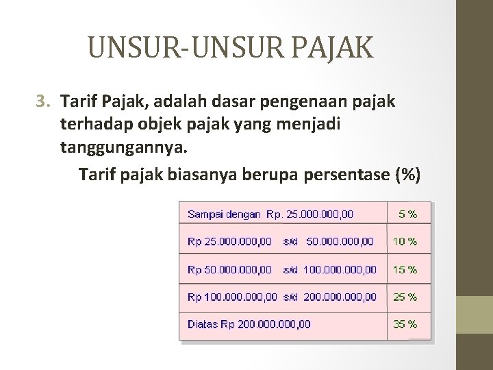 UNSUR-UNSUR PAJAK 3. Tarif Pajak, adalah dasar pengenaan pajak terhadap objek pajak yang menjadi