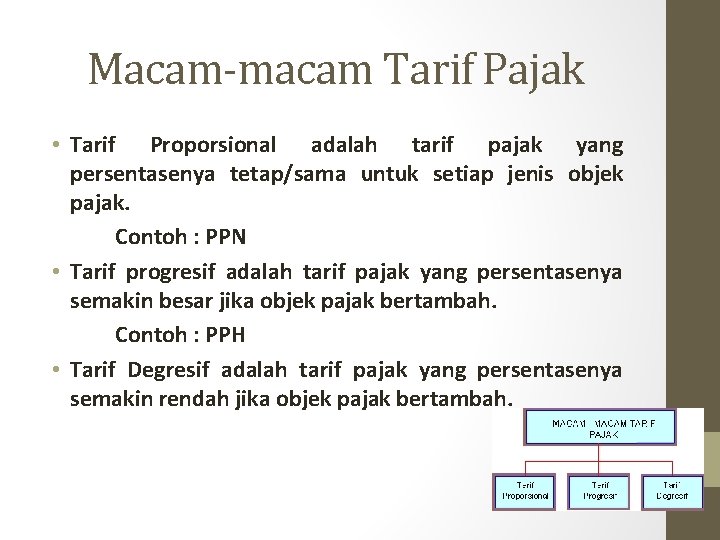 Macam-macam Tarif Pajak • Tarif Proporsional adalah tarif pajak yang persentasenya tetap/sama untuk setiap