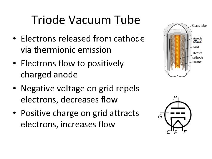 Triode Vacuum Tube • Electrons released from cathode via thermionic emission • Electrons flow