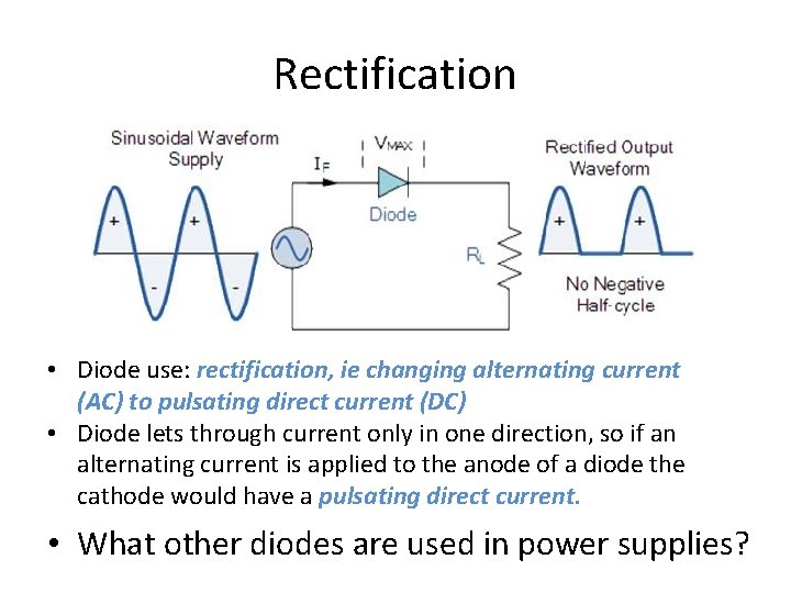 Rectification • Diode use: rectification, ie changing alternating current (AC) to pulsating direct current