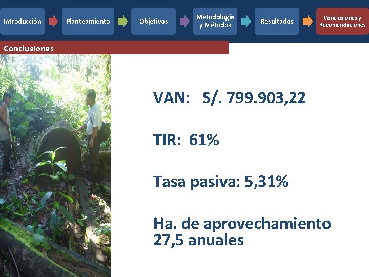 Introducción Planteamiento Objetivos Metodología y Métodos Resultados Conclusiones y Recomendaciones Conclusiones VAN: S/. 799.