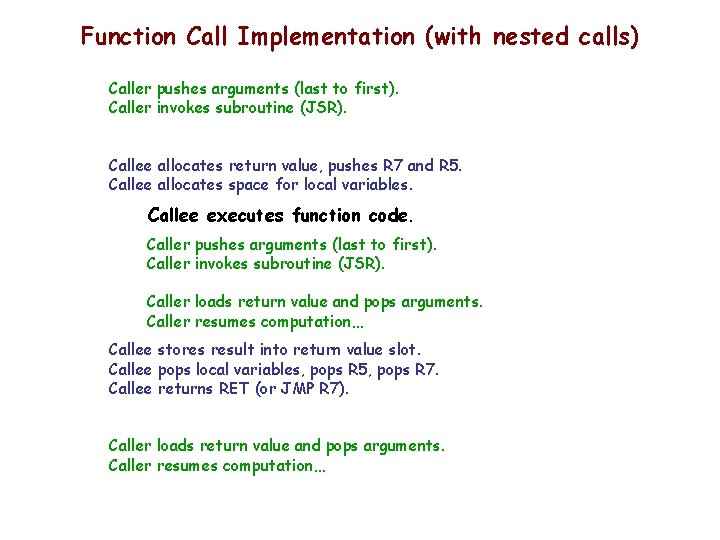 Function Call Implementation (with nested calls) Caller pushes arguments (last to first). Caller invokes Function Call Implementation (with nested calls) Caller pushes arguments (last to first). Caller invokes