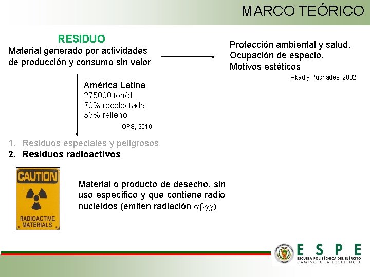 MARCO TEÓRICO RESIDUO Material generado por actividades de producción y consumo sin valor América