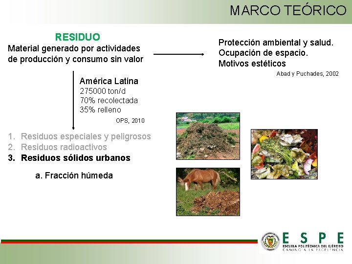 MARCO TEÓRICO RESIDUO Material generado por actividades de producción y consumo sin valor América