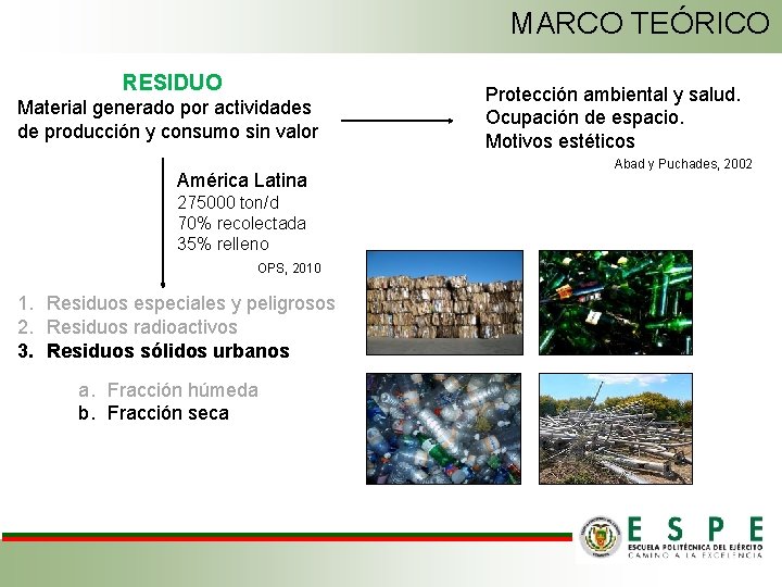 MARCO TEÓRICO RESIDUO Material generado por actividades de producción y consumo sin valor América