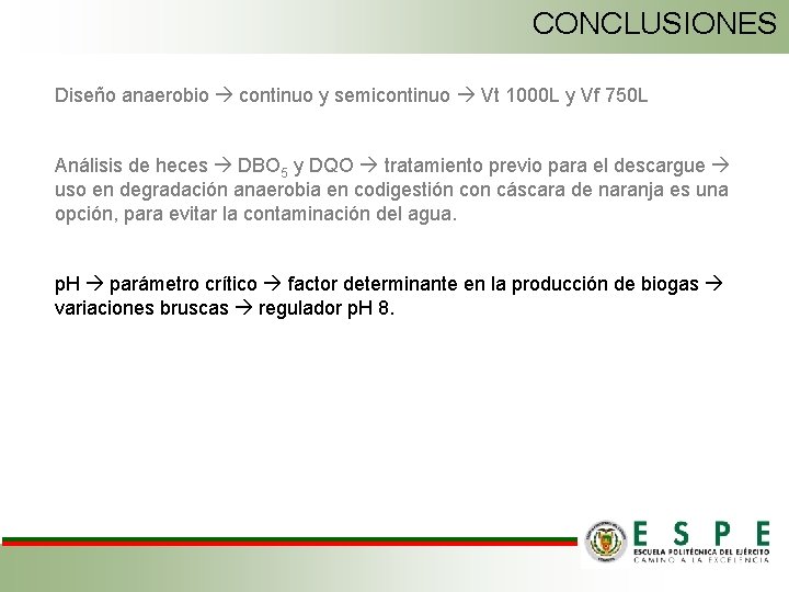 CONCLUSIONES Diseño anaerobio continuo y semicontinuo Vt 1000 L y Vf 750 L Análisis