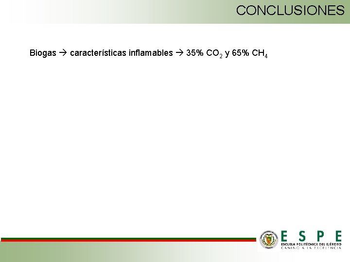 CONCLUSIONES Biogas características inflamables 35% CO 2 y 65% CH 4 