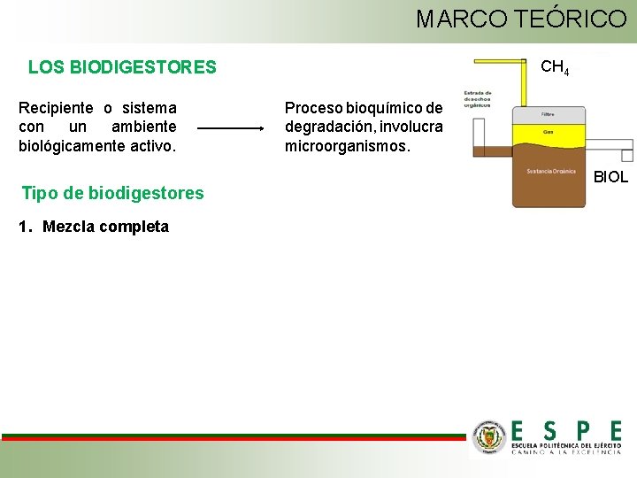MARCO TEÓRICO CH 4 LOS BIODIGESTORES Recipiente o sistema con un ambiente biológicamente activo.