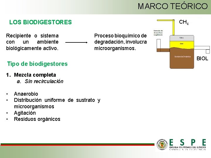 MARCO TEÓRICO CH 4 LOS BIODIGESTORES Recipiente o sistema con un ambiente biológicamente activo.