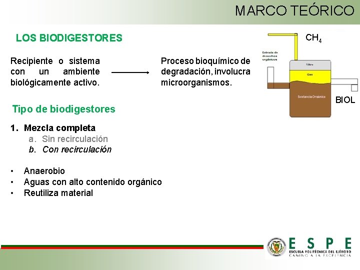 MARCO TEÓRICO CH 4 LOS BIODIGESTORES Recipiente o sistema con un ambiente biológicamente activo.