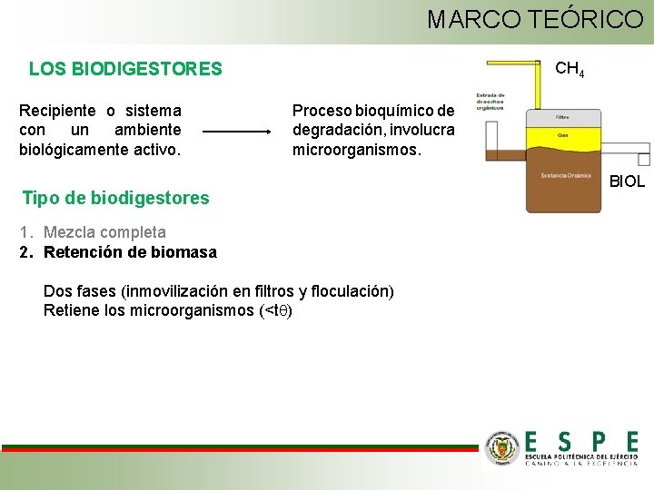 MARCO TEÓRICO CH 4 LOS BIODIGESTORES Recipiente o sistema con un ambiente biológicamente activo.