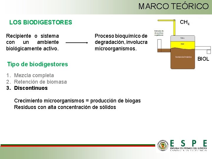 MARCO TEÓRICO CH 4 LOS BIODIGESTORES Recipiente o sistema con un ambiente biológicamente activo.