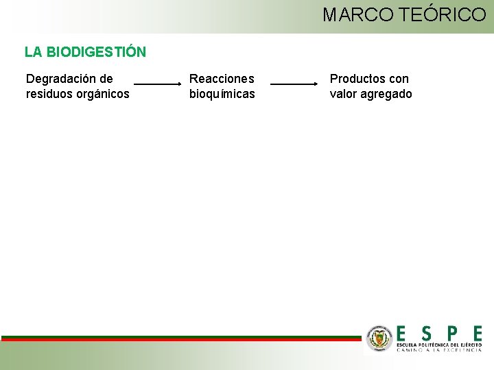 MARCO TEÓRICO LA BIODIGESTIÓN Degradación de residuos orgánicos Reacciones bioquímicas Productos con valor agregado