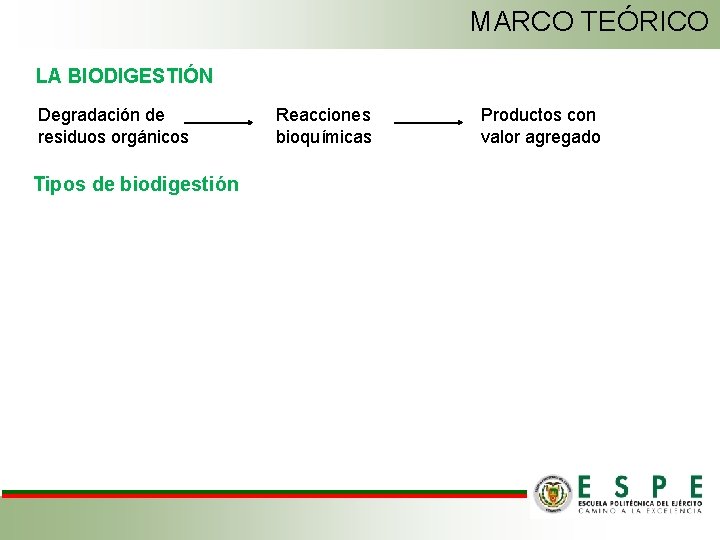 MARCO TEÓRICO LA BIODIGESTIÓN Degradación de residuos orgánicos Tipos de biodigestión Reacciones bioquímicas Productos