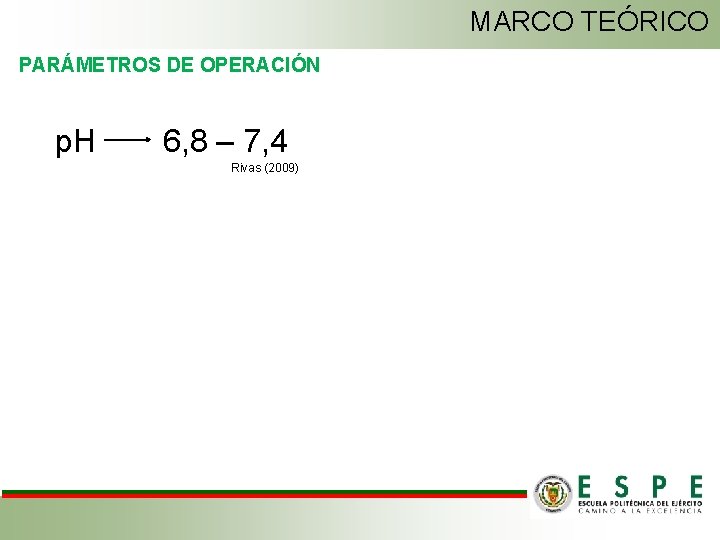 MARCO TEÓRICO PARÁMETROS DE OPERACIÓN p. H 6, 8 – 7, 4 Rivas (2009)